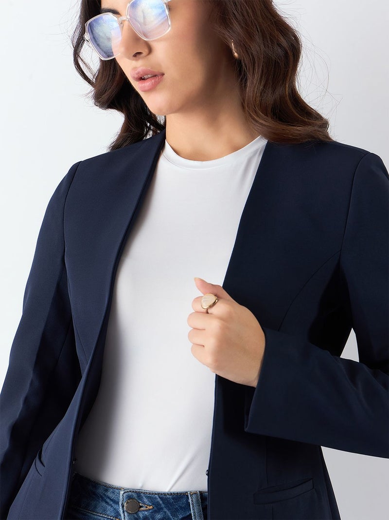 Powersutra Navy Blue Regular Fit Blazer and Trouser Set for Women - Image 2