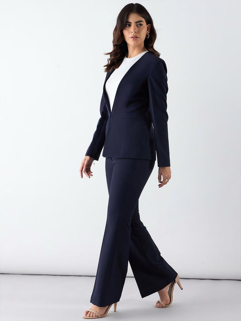 Powersutra Navy Blue Regular Fit Blazer and Trouser Set for Women - Image 3