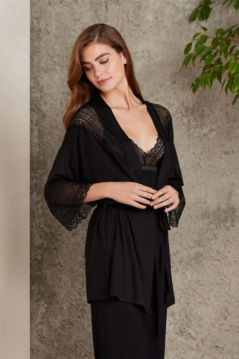 pierre cardin 2820 Women's Combed Cotton Lace Pajama Set with Dressing Gown - Black  - Image 1