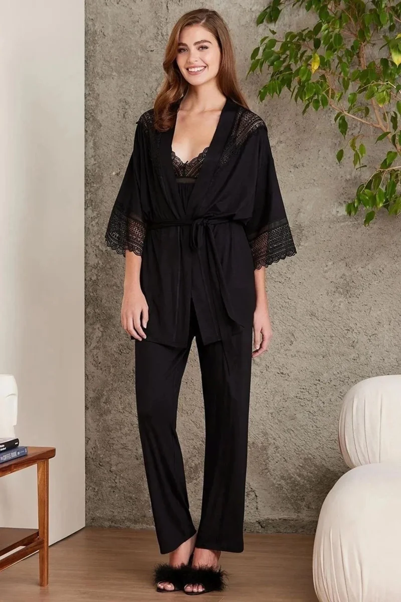 pierre cardin 2820 Women's Combed Cotton Lace Pajama Set with Dressing Gown - Black