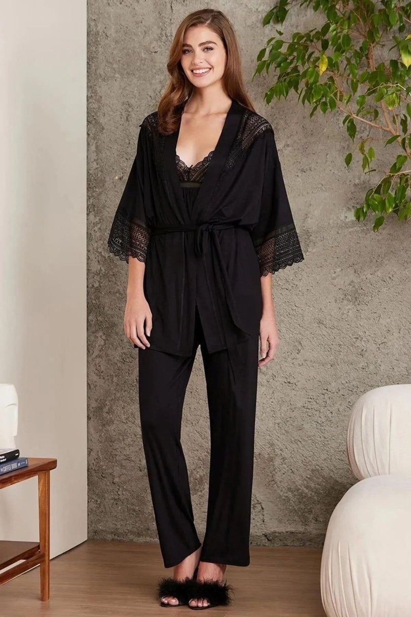 pierre cardin 2820 Women's Combed Cotton Lace Pajama Set with Dressing Gown - Black  - Image 4