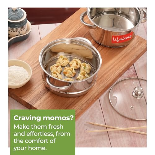 Lifelong 2-Tier Steamer/Momo/Modak Maker | Induction Compitable with Glass Lid & Riveted Handles | 18 cm Stainless Steel Multi-Purpose Cooking Steamer (LLMOM01) - Image 4