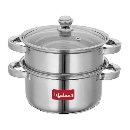 Lifelong 2-Tier Steamer/Momo/Modak Maker | Induction Compitable with Glass Lid & Riveted Handles | 18 cm Stainless Steel Multi-Purpose Cooking Steamer (LLMOM01) - Image 1