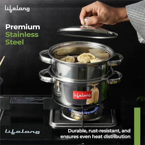 Lifelong 2-Tier Steamer/Momo/Modak Maker | Induction Compitable with Glass Lid & Riveted Handles | 18 cm Stainless Steel Multi-Purpose Cooking Steamer (LLMOM01) - Image 2