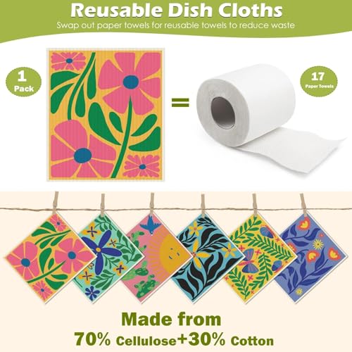 Revahope 6 Packs Swedish Paper Cloths for Kitchen, Reusable Paper Towels Washable Dish Rags, Highly Absorbent Kitchen Towels Quick Drying Swedish Sponge Cleaning Dish Cloths (Hawaiian Style) - Image 3