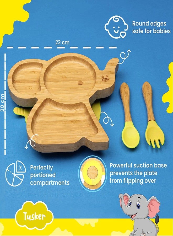 StarKiddo ® ‘Cute Bamboo Tusker Suction Plate’ Baby Plate for Kids and Baby-Led Weaning | 3 Sections | Non-Toxic | Super Strong Suction Cup - Natural Bamboo BPA Free Baby Plate (Yellow) - Image 2