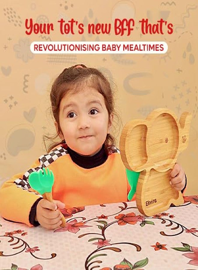 StarKiddo ® ‘Cute Bamboo Tusker Suction Plate’ Baby Plate for Kids and Baby-Led Weaning | 3 Sections | Non-Toxic | Super Strong Suction Cup - Natural Bamboo BPA Free Baby Plate (Yellow) - Image 3