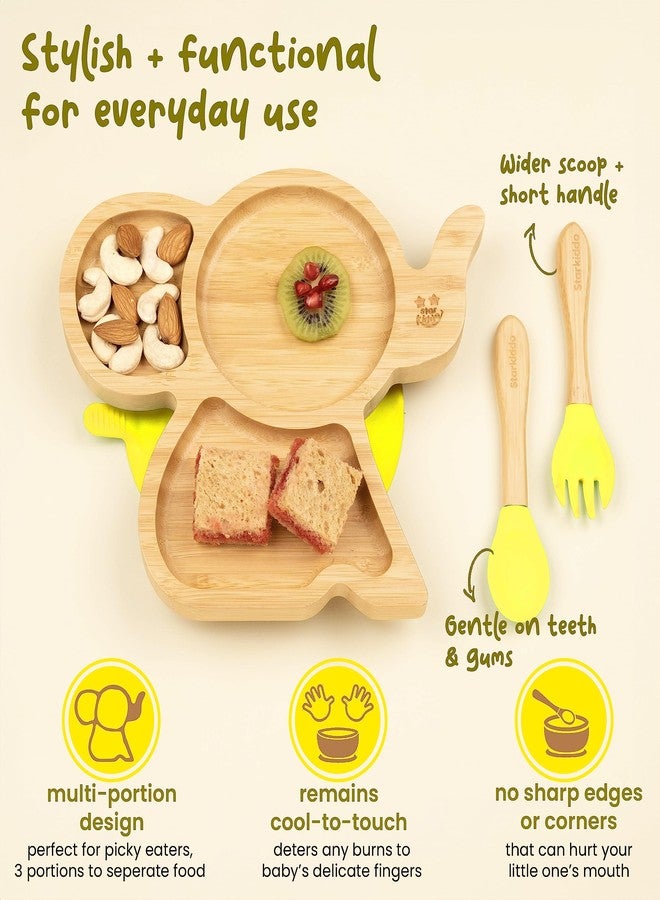 StarKiddo ® ‘Cute Bamboo Tusker Suction Plate’ Baby Plate for Kids and Baby-Led Weaning | 3 Sections | Non-Toxic | Super Strong Suction Cup - Natural Bamboo BPA Free Baby Plate (Yellow) - Image 5