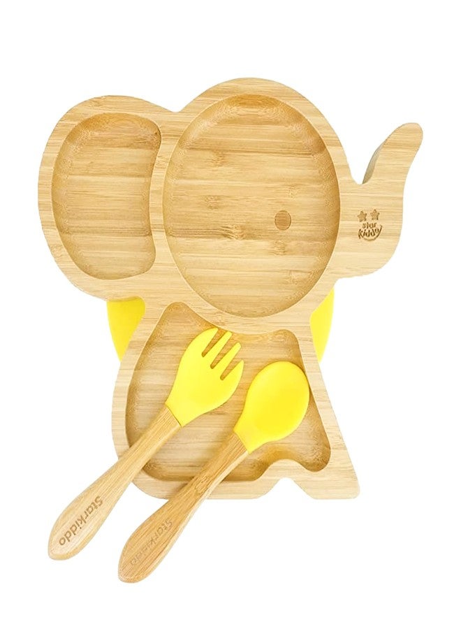 StarKiddo ® ‘Cute Bamboo Tusker Suction Plate’ Baby Plate for Kids and Baby-Led Weaning | 3 Sections | Non-Toxic | Super Strong Suction Cup - Natural Bamboo BPA Free Baby Plate (Yellow) - Image 1
