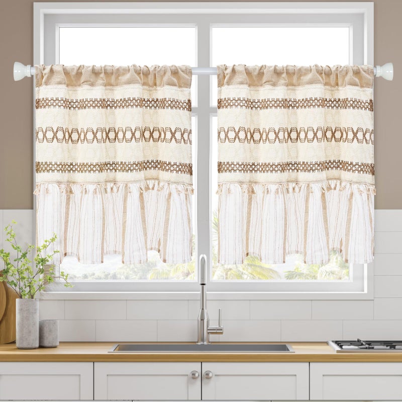 FRAMICS Farmhouse Linen Kitchen Curtains 24 Inch Length Striped Short Curtain for Windows Boho Crochet Small Window Curtains for Kitchen Rod Pocket Tier Curtain for Bathroom, Cafe, 2 Panels - Image 1