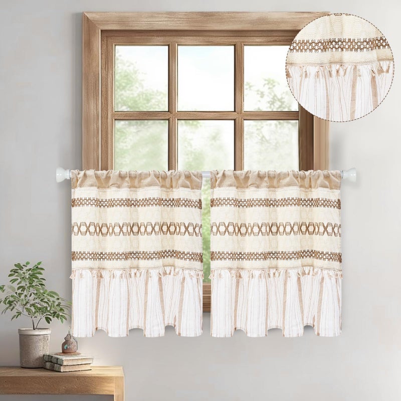 FRAMICS Farmhouse Linen Kitchen Curtains 24 Inch Length Striped Short Curtain for Windows Boho Crochet Small Window Curtains for Kitchen Rod Pocket Tier Curtain for Bathroom, Cafe, 2 Panels - Image 2