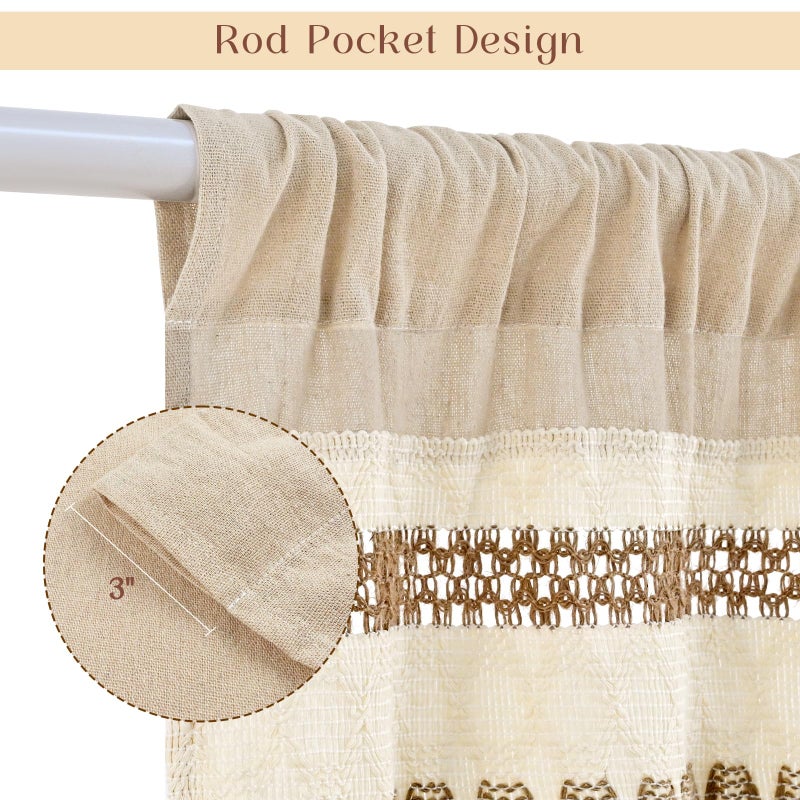 FRAMICS Farmhouse Linen Kitchen Curtains 24 Inch Length Striped Short Curtain for Windows Boho Crochet Small Window Curtains for Kitchen Rod Pocket Tier Curtain for Bathroom, Cafe, 2 Panels - Image 4