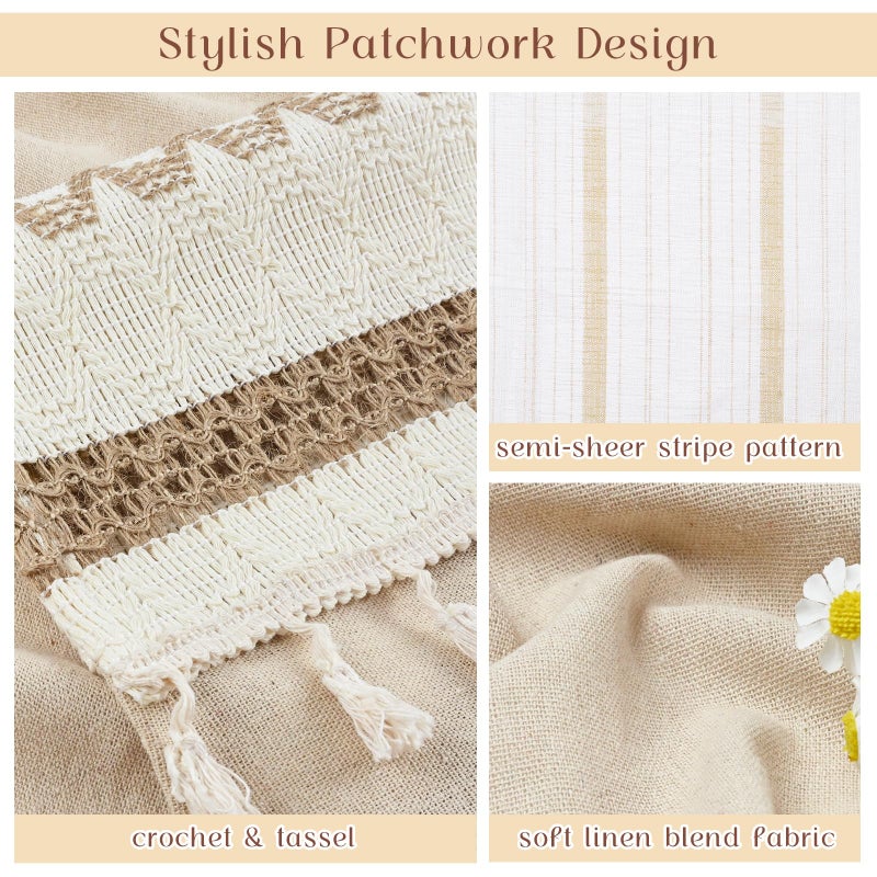 FRAMICS Farmhouse Linen Kitchen Curtains 24 Inch Length Striped Short Curtain for Windows Boho Crochet Small Window Curtains for Kitchen Rod Pocket Tier Curtain for Bathroom, Cafe, 2 Panels - Image 3