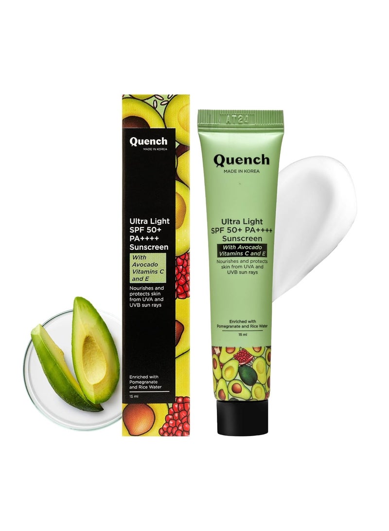 Quench Vitamin E Ultra Light SPF 50+ PA++++ Sunscreen for Glowing Skin | Non-Greasy and Non-Sticky | No White Cast | UVA & UVB Protection | Made in Korea | For Women & Men (MINI - 15ml) - Image 1