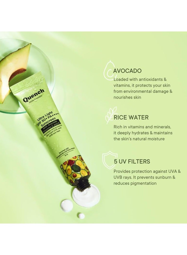 Quench Vitamin E Ultra Light SPF 50+ PA++++ Sunscreen for Glowing Skin | Non-Greasy and Non-Sticky | No White Cast | UVA & UVB Protection | Made in Korea | For Women & Men (MINI - 15ml) - Image 3