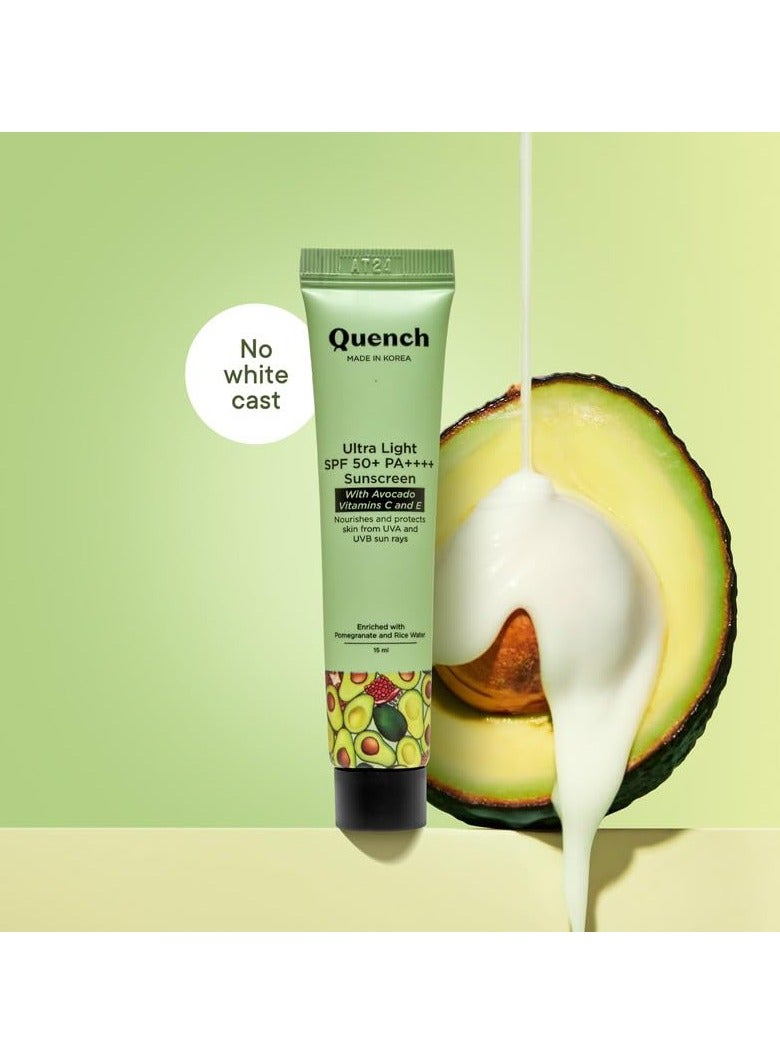 Quench Vitamin E Ultra Light SPF 50+ PA++++ Sunscreen for Glowing Skin | Non-Greasy and Non-Sticky | No White Cast | UVA & UVB Protection | Made in Korea | For Women & Men (MINI - 15ml) - Image 5
