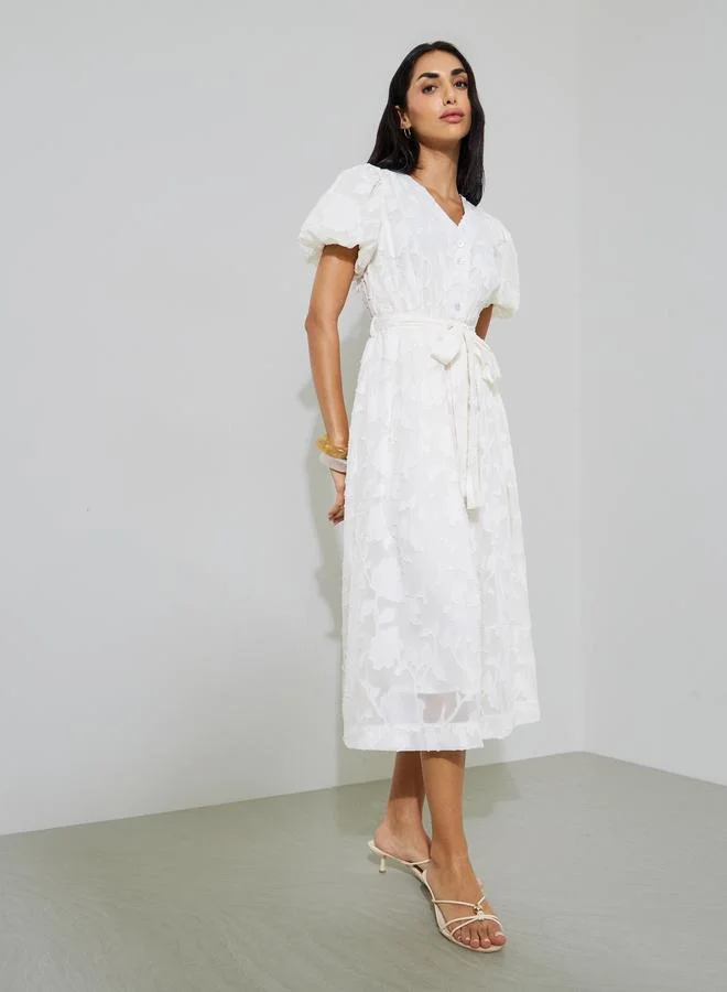 Styli White Self-Design Tie-Up Details Shirt Midi Dress