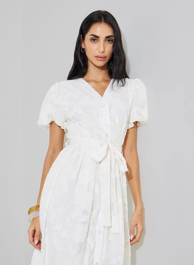 Styli White Self-Design Tie-Up Details Shirt Midi Dress