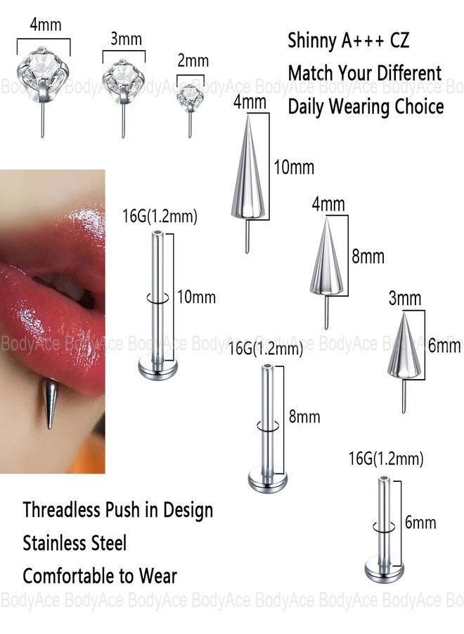 أقراط BodyAce بدون خيوط ذات تصميم مدبب وظهر مسطح، حلقات غضروفية للشفاه، أقراط من الفولاذ المقاوم للصدأ عيار 16G، أقراط دايث هيليكس تراغوس، أقراط روك لثقب شحمة الأذن للنساء والرجال (طول القضيب: 6 مم) - Image 2