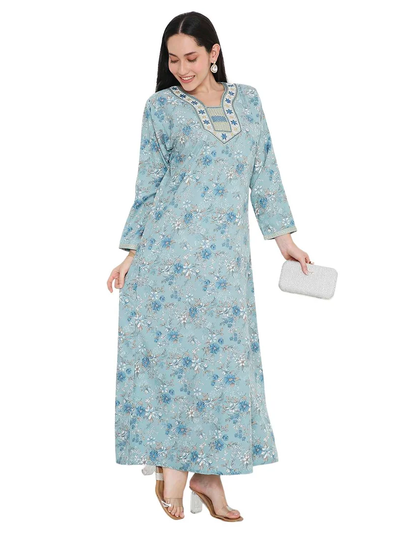 HANA & SARA LONG VISCOSE FLORAL PRINTED WITH THREAD EMBROIDERED ARABIC KAFTAN JALABIYA DRESSES