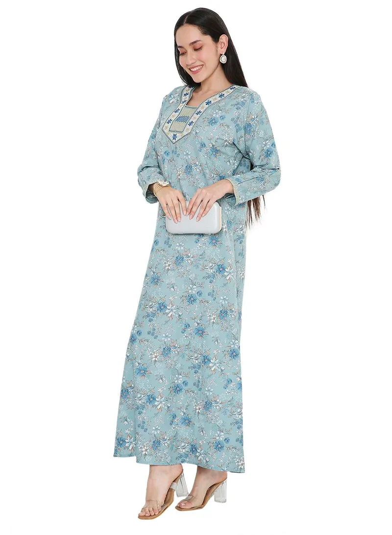HANA & SARA LONG VISCOSE FLORAL PRINTED WITH THREAD EMBROIDERED ARABIC KAFTAN JALABIYA DRESSES