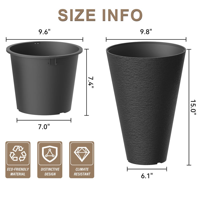 Kante Tall Round Planter Set of 2, 15 Inch Tall Decorative Planter Pots for Outdoor Indoor Garden Patio Front Porch (Black) - Image 2