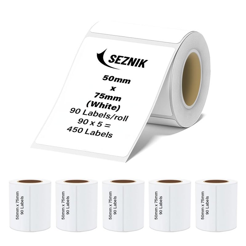 SEZNIK Thermal Sticky Labels – 50x75 mm – White – Pack of 5 Rolls (50mmx75mm - 450 Lables) - Image 1