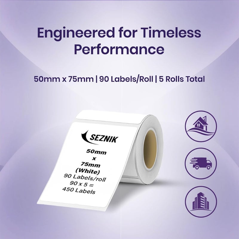 SEZNIK Thermal Sticky Labels – 50x75 mm – White – Pack of 5 Rolls (50mmx75mm - 450 Lables) - Image 3
