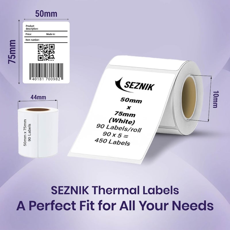 SEZNIK Thermal Sticky Labels – 50x75 mm – White – Pack of 5 Rolls (50mmx75mm - 450 Lables) - Image 2