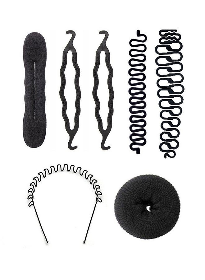 Out Of Box Combo of 7 Hair Accessories 1 Round Donuts 3 Magic Donut volumizer 2 Design French Tool With Zigzag Hair Band Bun(Black) - Image 1