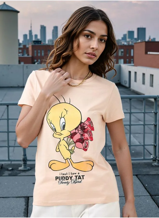 اس بي كاركترز Tweety Print T-shirt with Crew Neck