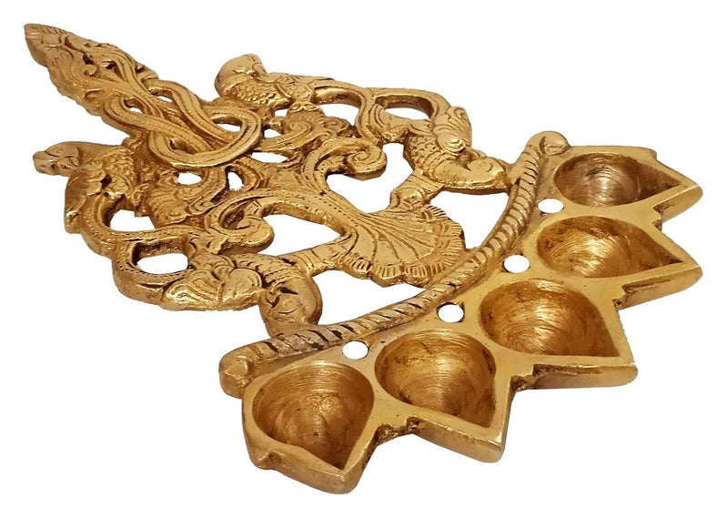 Purpledip Brass Pancha Deepam Oil Lamp Unique 5 Lights Diya with Parrots Vintage Hindu Temple Decor 11969 - Image 4