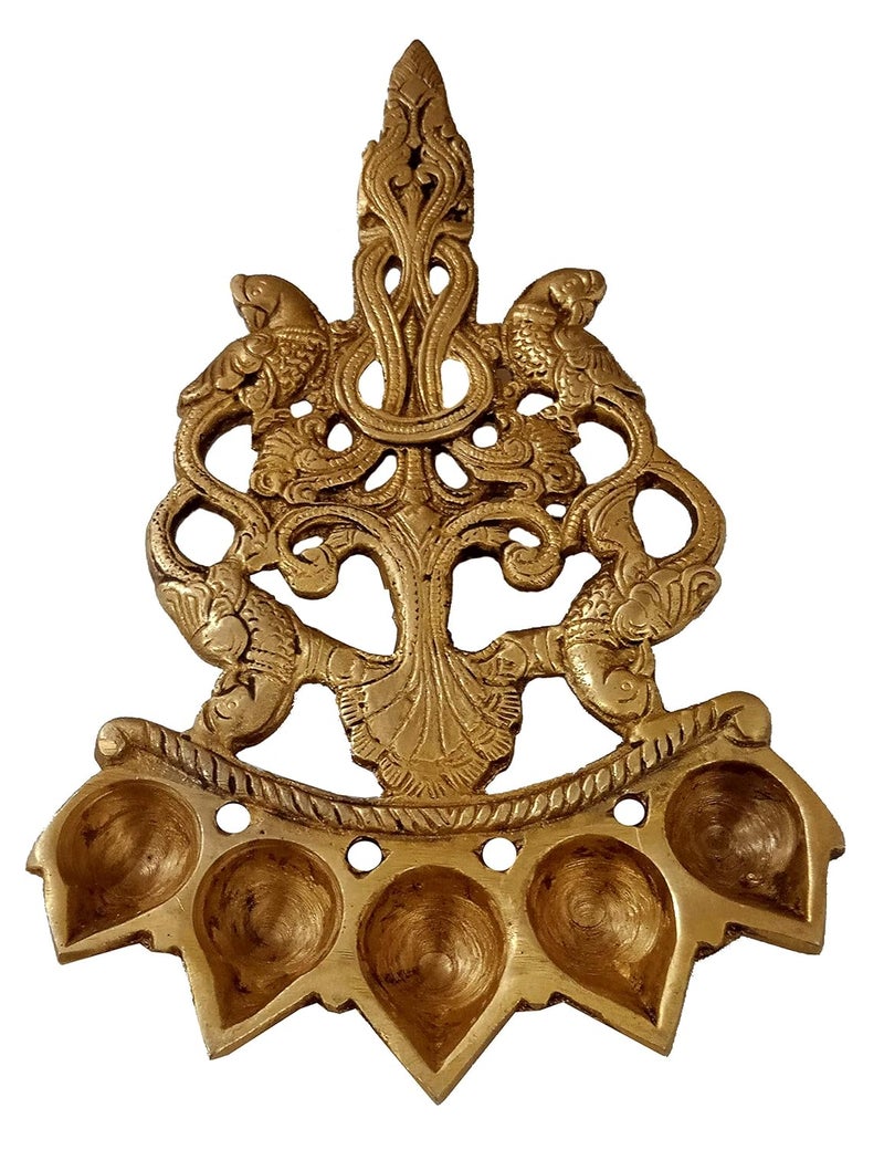 Purpledip Brass Pancha Deepam Oil Lamp Unique 5 Lights Diya with Parrots Vintage Hindu Temple Decor 11969 - Image 1