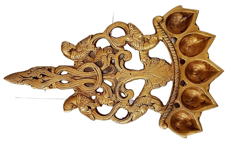 Purpledip Brass Pancha Deepam Oil Lamp Unique 5 Lights Diya with Parrots Vintage Hindu Temple Decor 11969 - Image 3