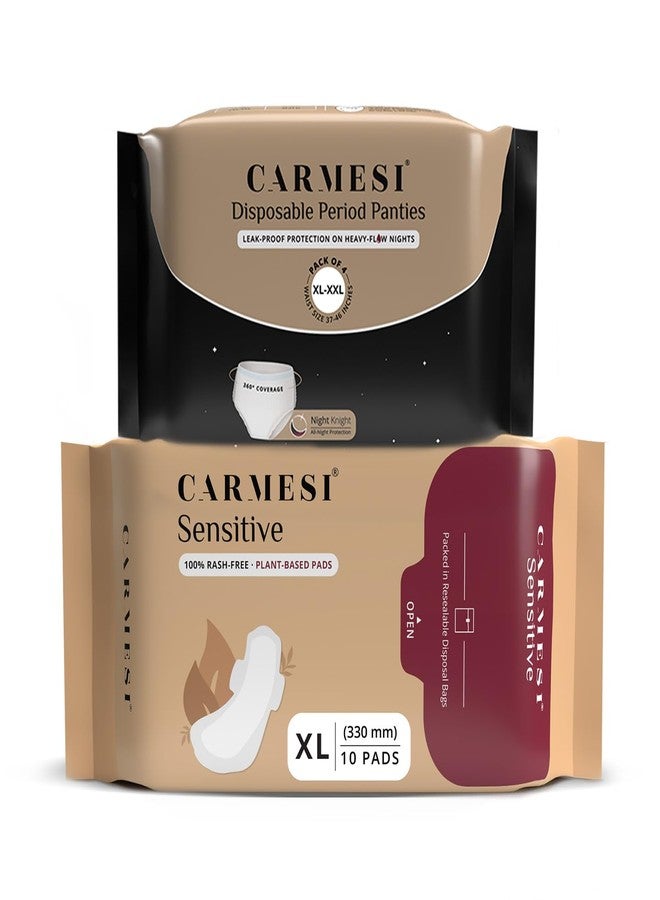 Carmesi Day and Night Period Care Combo | 10 XL Sensitive Pads and 4 (XL-XXL) Disposable Period Panties | No Period Rashes | All-Night Leak-Proof Protection for Super-Heavy Flow - Image 1