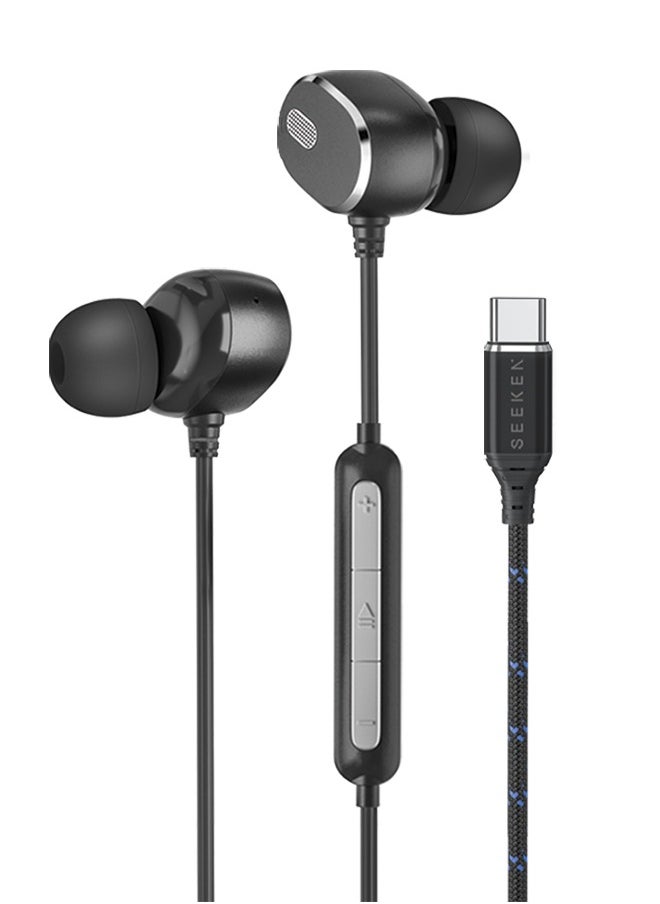 SEEKEN Type C Stereo Headphones with Microphone - Black | High-Resolution Audio | Long Battery Life | Premium Design | High-Quality