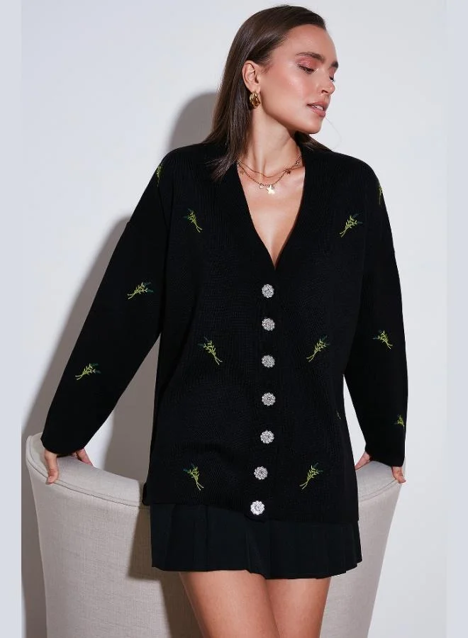 Lela Lela Oversize Fit Patterned V-Neck Knitwear Cardigan Women's CARDIGAN 4616193