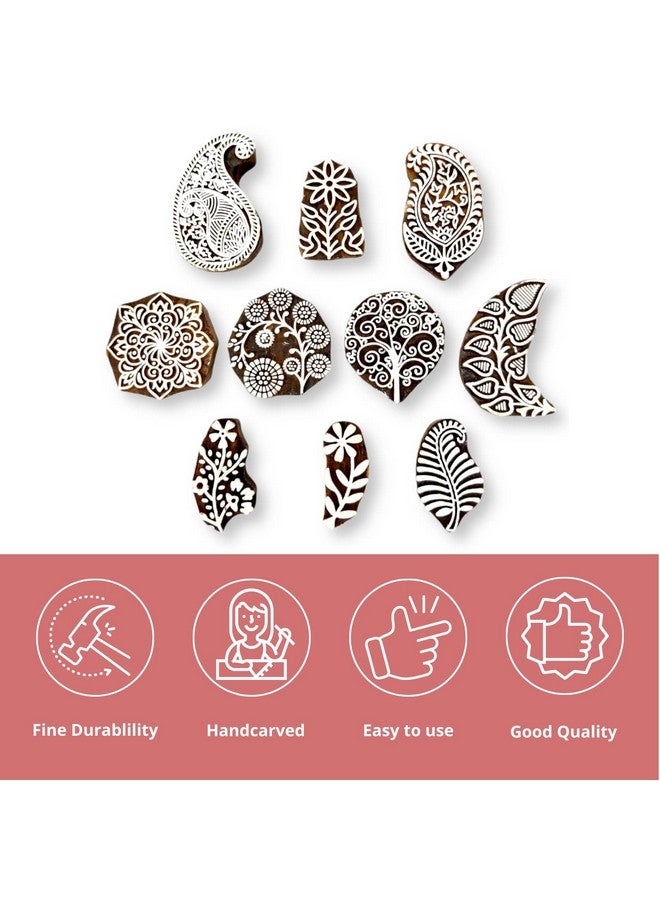 | Set Of 10 | Wooden Traditional Handcarved Paisley Floral Design Blocks For Printing Henna Mehndi | Saree Border | Scrapbooking | Kids | Textile Paper | Stamps For Dresses Printing