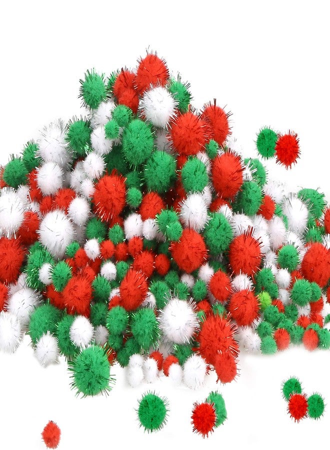 Greentime Christmas Pom Pom 1140 Pcs Glitter Fluffy Balls Pompoms Red Green White for DIY Crafts Home Party Xmas Decorations Supplies (4 Sizes) - Image 1