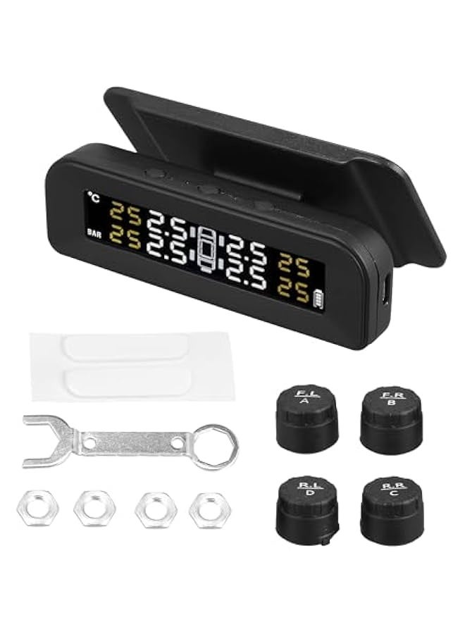 Tire Pressure Monitoring System TPMS, Wireless Solar Charger Monitor on Windowshield, 5 Alarm Modes with 4 External Sensors LCD Display Angle Adjustable Monitor for Car RV SUV and Sedans - Image 1