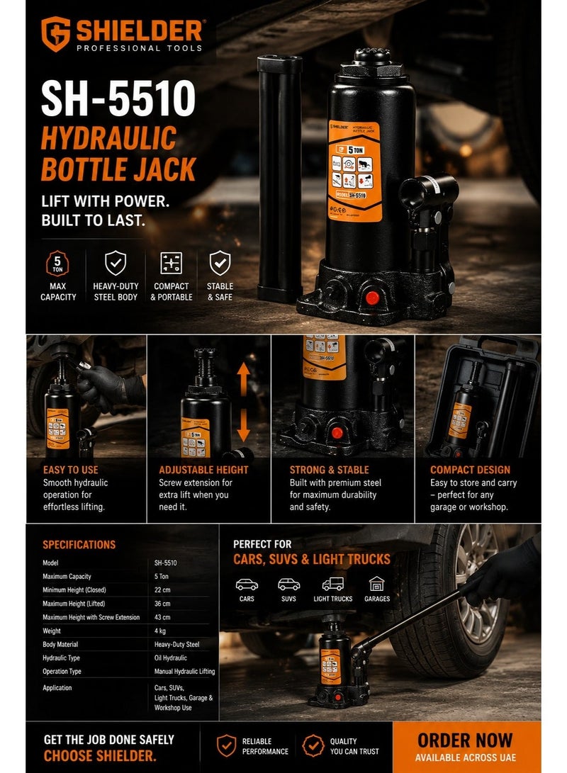 Shielder Hydraulic Bottle Jack Shielder SH-5510 5 Ton Heavy Duty Car Lifting Jack With Steel Extension Screw - Image 1