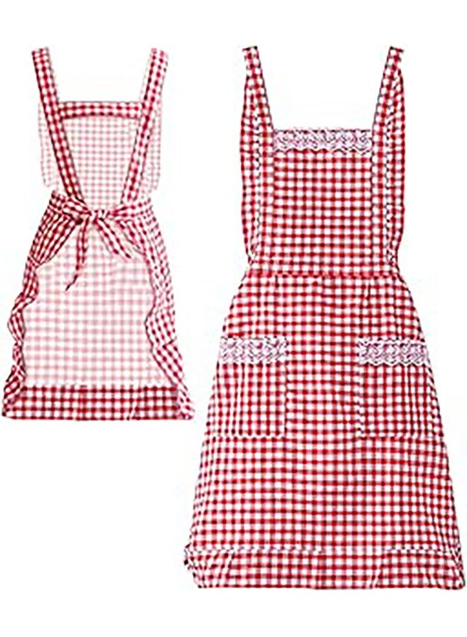 Women Classic Vintage Apron, Red and White Gingham Cotton Apron, Home Kitchen Chef Bib - Image 1