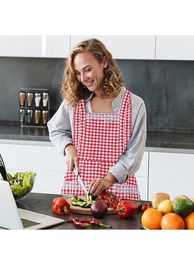 Women Classic Vintage Apron, Red and White Gingham Cotton Apron, Home Kitchen Chef Bib - Image 4