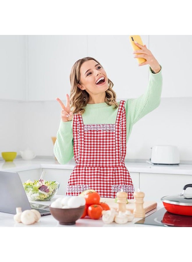 Women Classic Vintage Apron, Red and White Gingham Cotton Apron, Home Kitchen Chef Bib - Image 5