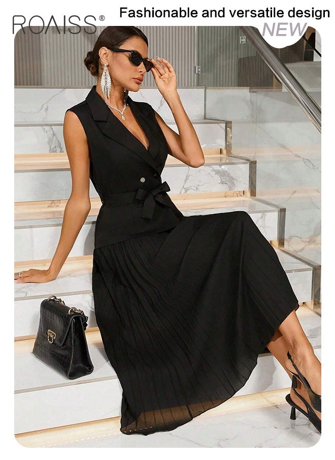 roaiss Elegant Business Dress Women'S Fashion Daily Commuting Suit Lapel Sleeveless Vest Spliced Pleated Hem Dress  - Image 4