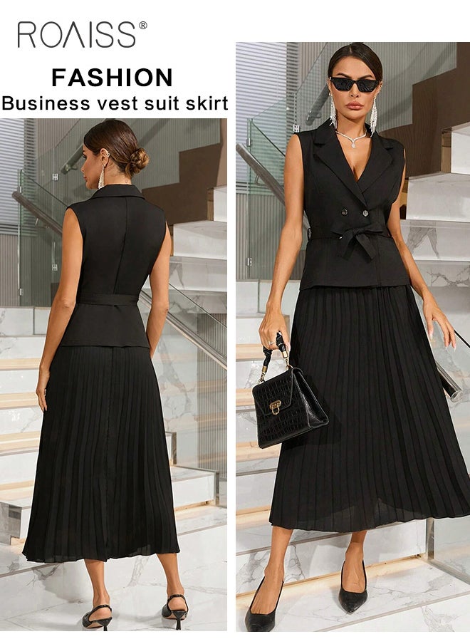 roaiss Elegant Business Dress Women'S Fashion Daily Commuting Suit Lapel Sleeveless Vest Spliced Pleated Hem Dress  - Image 3