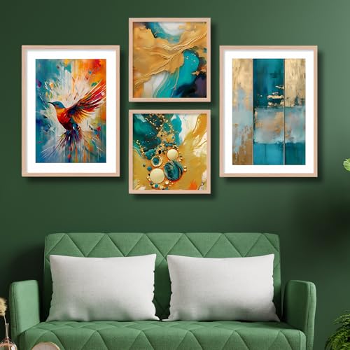 Nozvera Bird & Landscape Scenery Wall Painting Set of 4 Pcs | 2 Big & 2 Small Frames | Wall Decor for Living Room & Bedroom | Modern Art Painting with Wooden Frame | Home Wall Decor & Room Decor - Image 1