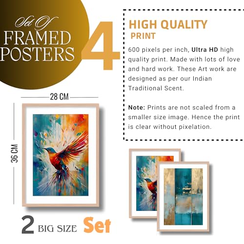 Nozvera Bird & Landscape Scenery Wall Painting Set of 4 Pcs | 2 Big & 2 Small Frames | Wall Decor for Living Room & Bedroom | Modern Art Painting with Wooden Frame | Home Wall Decor & Room Decor - Image 4