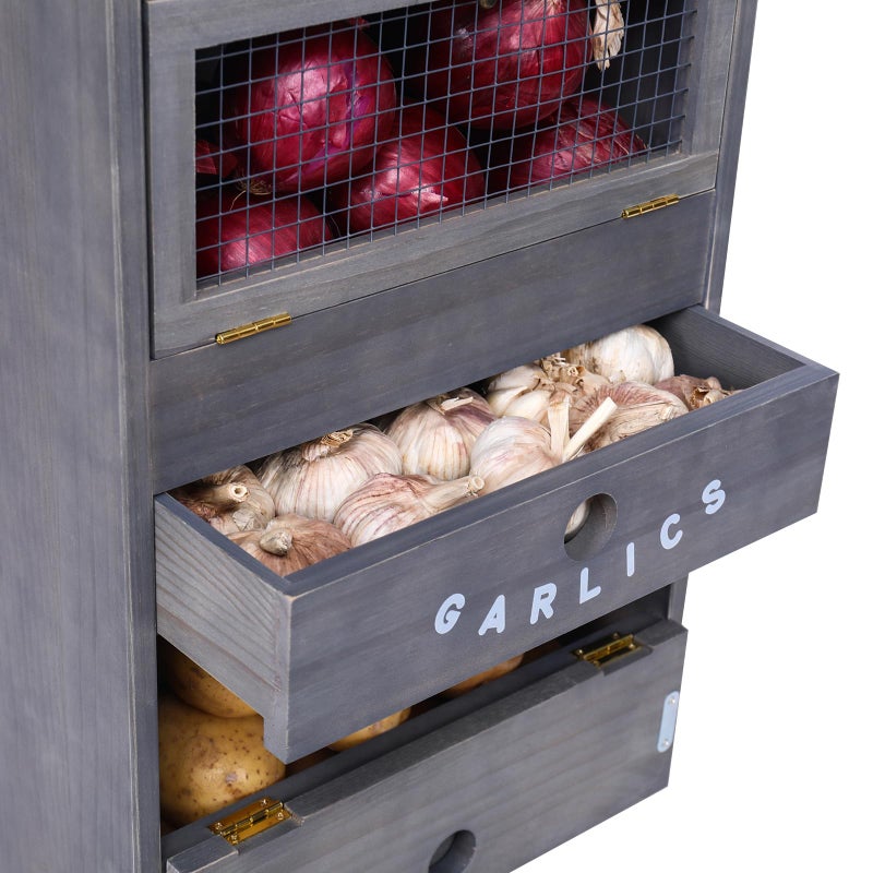 ARTAWEIN Potato Storage Bin Wall-mountable Potato Box with Lid Rustic and Garlic Drawer Onion Organizer with Grocery Section Decorative Vegetable Organization Cabinet for Kitchen - Image 5