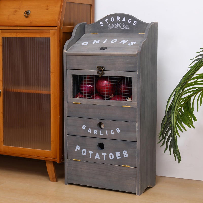 ARTAWEIN Potato Storage Bin Wall-mountable Potato Box with Lid Rustic and Garlic Drawer Onion Organizer with Grocery Section Decorative Vegetable Organization Cabinet for Kitchen - Image 4